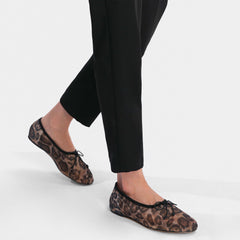 Mesh Leopard Print Ballet Flats for Women Bow Round Toe Mary Jane Flats Comfortable Casual Ballerina Shoes