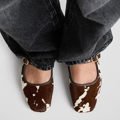 Ballet Flats for Women Velvet Animal Print Square Toe Mary Jane Flats Silver Buckle Comfortable Ballerina Shoes