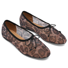 Mesh Leopard Print Ballet Flats for Women Bow Round Toe Mary Jane Flats Comfortable Casual Ballerina Shoes