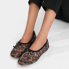 Mesh Leopard Print Ballet Flats for Women Bow Round Toe Mary Jane Flats Comfortable Casual Ballerina Shoes