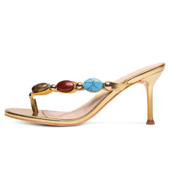 Flip Flop Jeweled Thong Strappy Heeled Sandals