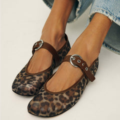 Mesh Ballet Flats for Women Animal Print Round Toe Mary Jane Flats Silver Buckle Ballerina Shoes