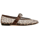 Mesh Ballet Flats for Women Animal Print Round Toe Mary Jane Flats Silver Buckle Ballerina Shoes