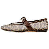 Mesh Ballet Flats for Women Animal Print Round Toe Mary Jane Flats Silver Buckle Ballerina Shoes