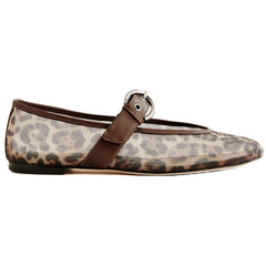 Mesh Ballet Flats for Women Animal Print Round Toe Mary Jane Flats Silver Buckle Ballerina Shoes