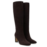 Burgundy Knee High Boots for Women Square Toe Chunky Heeled Boots