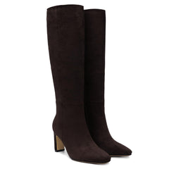Burgundy Knee High Boots for Women Square Toe Chunky Heeled Boots