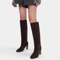 Burgundy Knee High Boots for Women Square Toe Chunky Heeled Boots