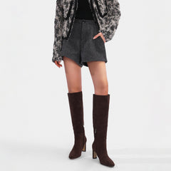 Burgundy Knee High Boots for Women Square Toe Chunky Heeled Boots