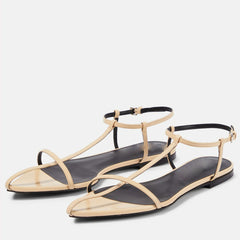 Flat Sandals for Women Metallic Buckle Ankle Strap Pointed Toe Slide Sandals