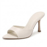 Elegant Off-White Minimalist Open Toe Stiletto Mules - Chic Slip-On High Heels