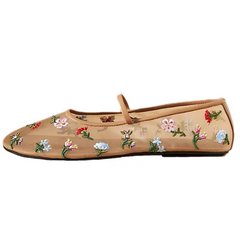 Nude Mesh Ballet Flats for Women Embroidered Floral Round Toe Mary Jane Flats Ballerina Flats