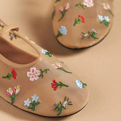 Nude Mesh Ballet Flats for Women Embroidered Floral Round Toe Mary Jane Flats Ballerina Flats