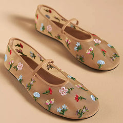 Nude Mesh Ballet Flats for Women Embroidered Floral Round Toe Mary Jane Flats Ballerina Flats
