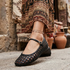 Aurelia Woven Mary Jane Flats – Black Hand-Braided Leather Style