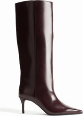 Burgundy Kitten Heel Knee High Boots Pointed Toe Tall Boots Slouch Dressy Stiletto Fall Boots