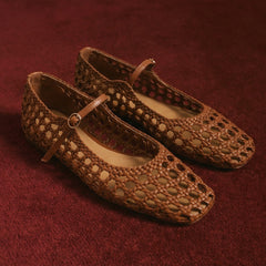 Woven Mesh Ballet Flats with Buckle Strap
