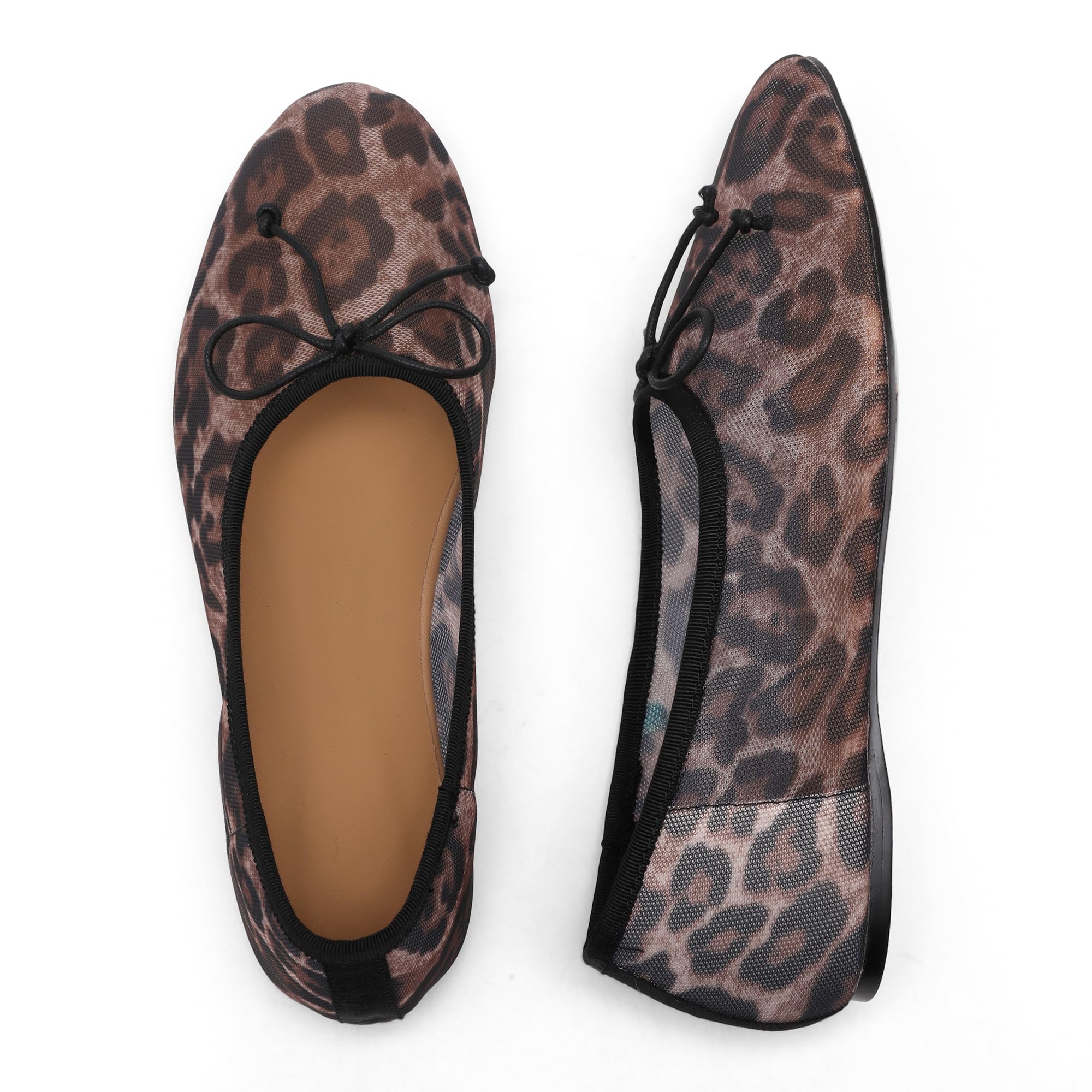 Mesh Leopard Print Ballet Flats for Women Bow Round Toe Mary Jane Flats Comfortable Casual Ballerina Shoes