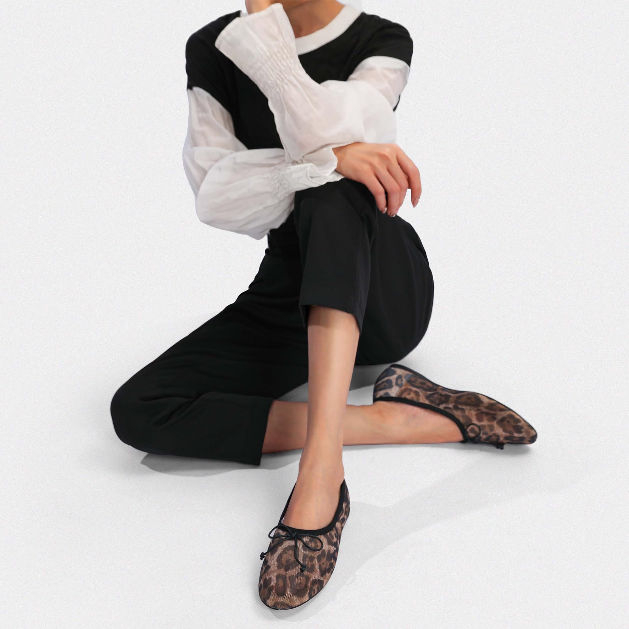 Mesh Leopard Print Ballet Flats for Women Bow Round Toe Mary Jane Flats Comfortable Casual Ballerina Shoes