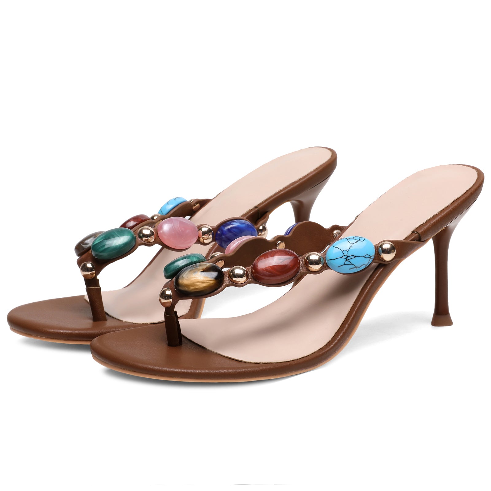 Flip Flop Jeweled Thong Strappy Heeled Sandals