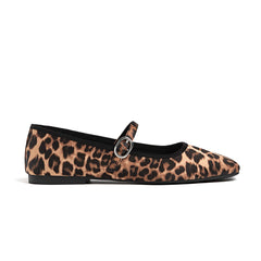 Ballet Flats for Women Velvet Animal Print Square Toe Mary Jane Flats Silver Buckle Comfortable Ballerina Shoes