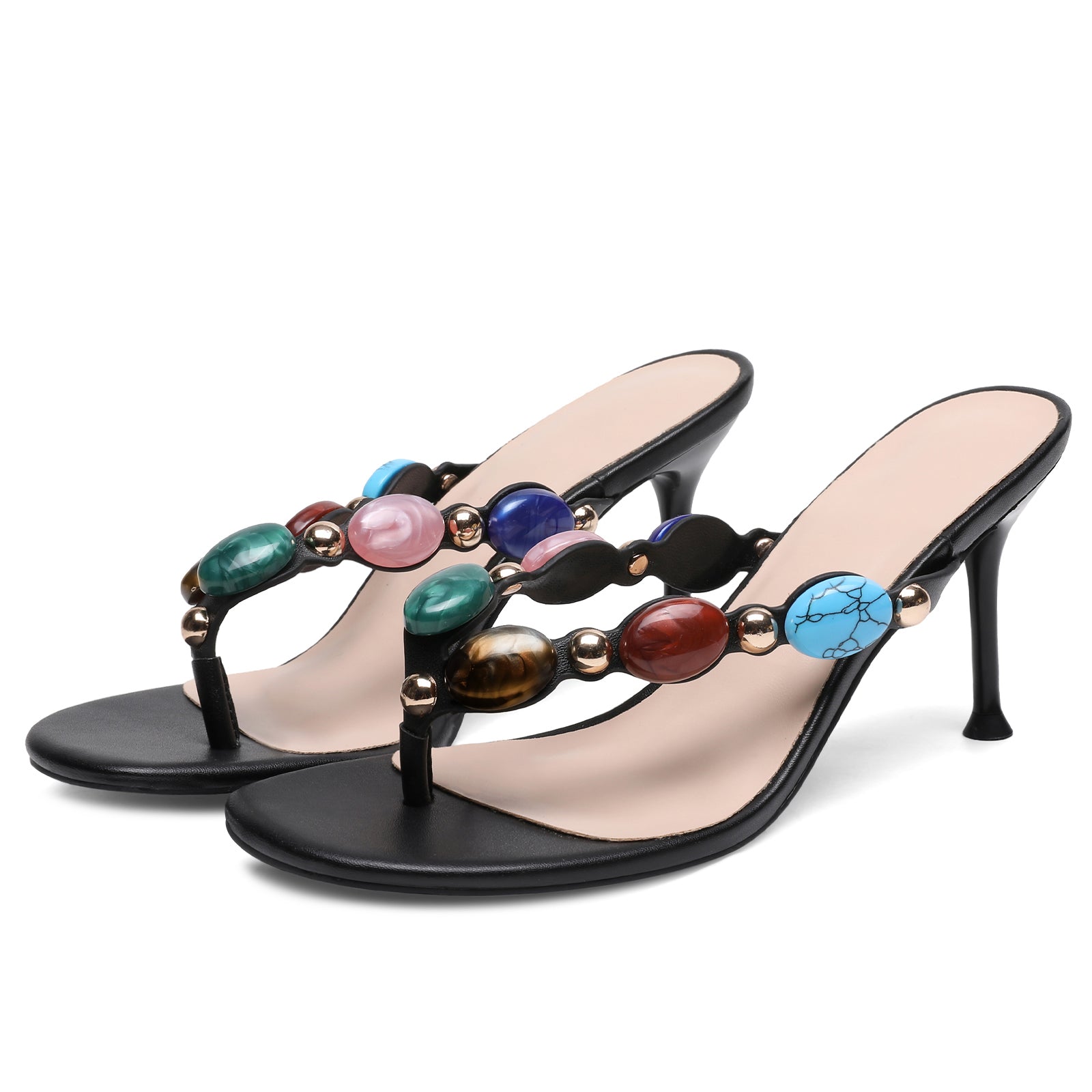 Flip Flop Jeweled Thong Strappy Heeled Sandals