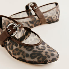 Mesh Ballet Flats for Women Animal Print Round Toe Mary Jane Flats Silver Buckle Ballerina Shoes