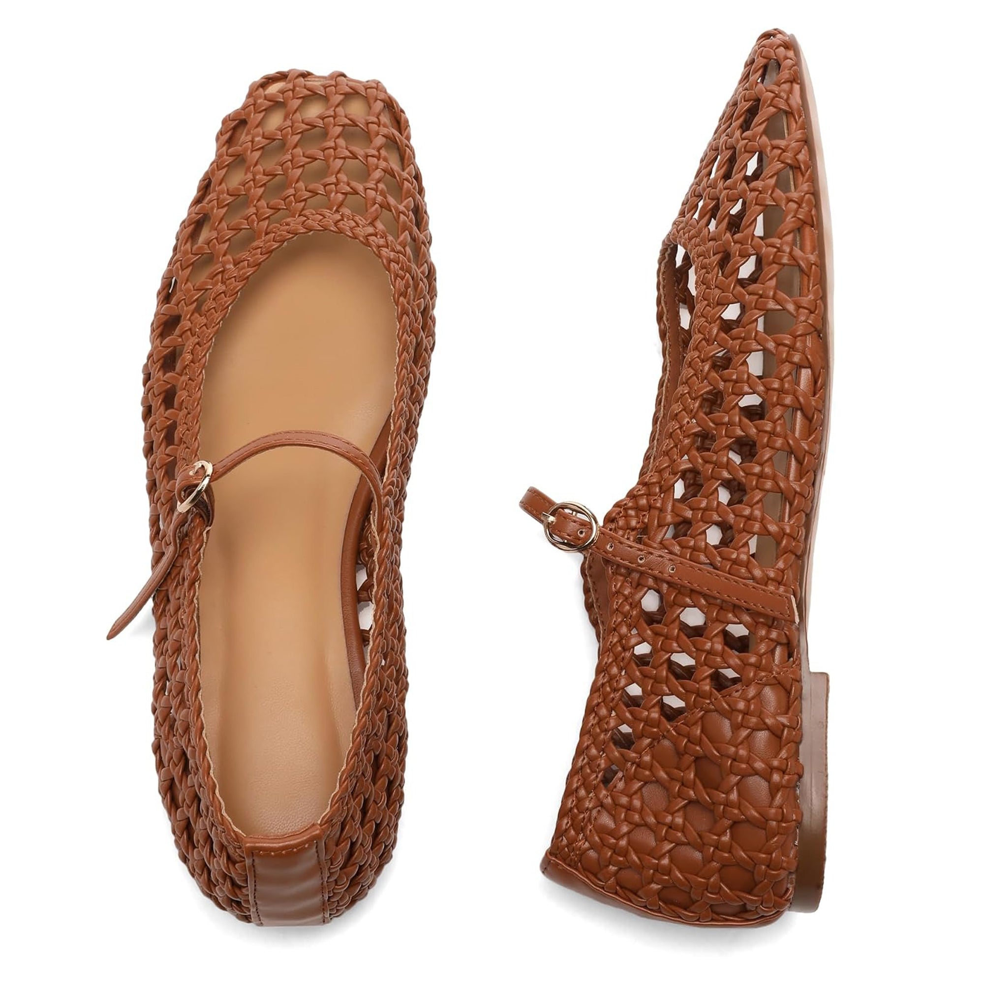 Woven Mesh Ballet Flats with Buckle Strap