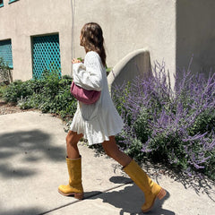 Campus Knee High Boots for Women Square Toe Casual Chunky Block Heel Tall Boots