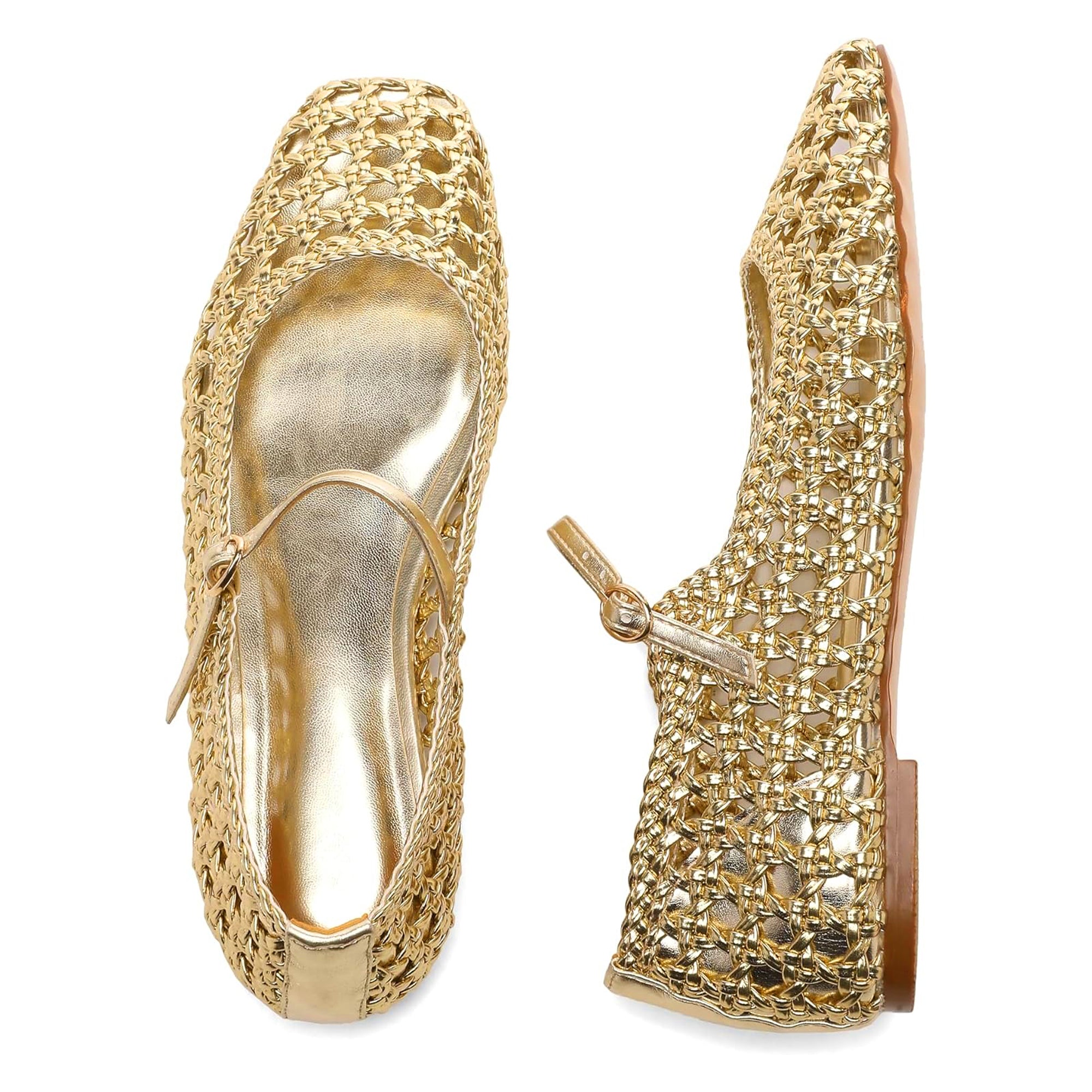Woven Mesh Ballet Flats with Buckle Strap