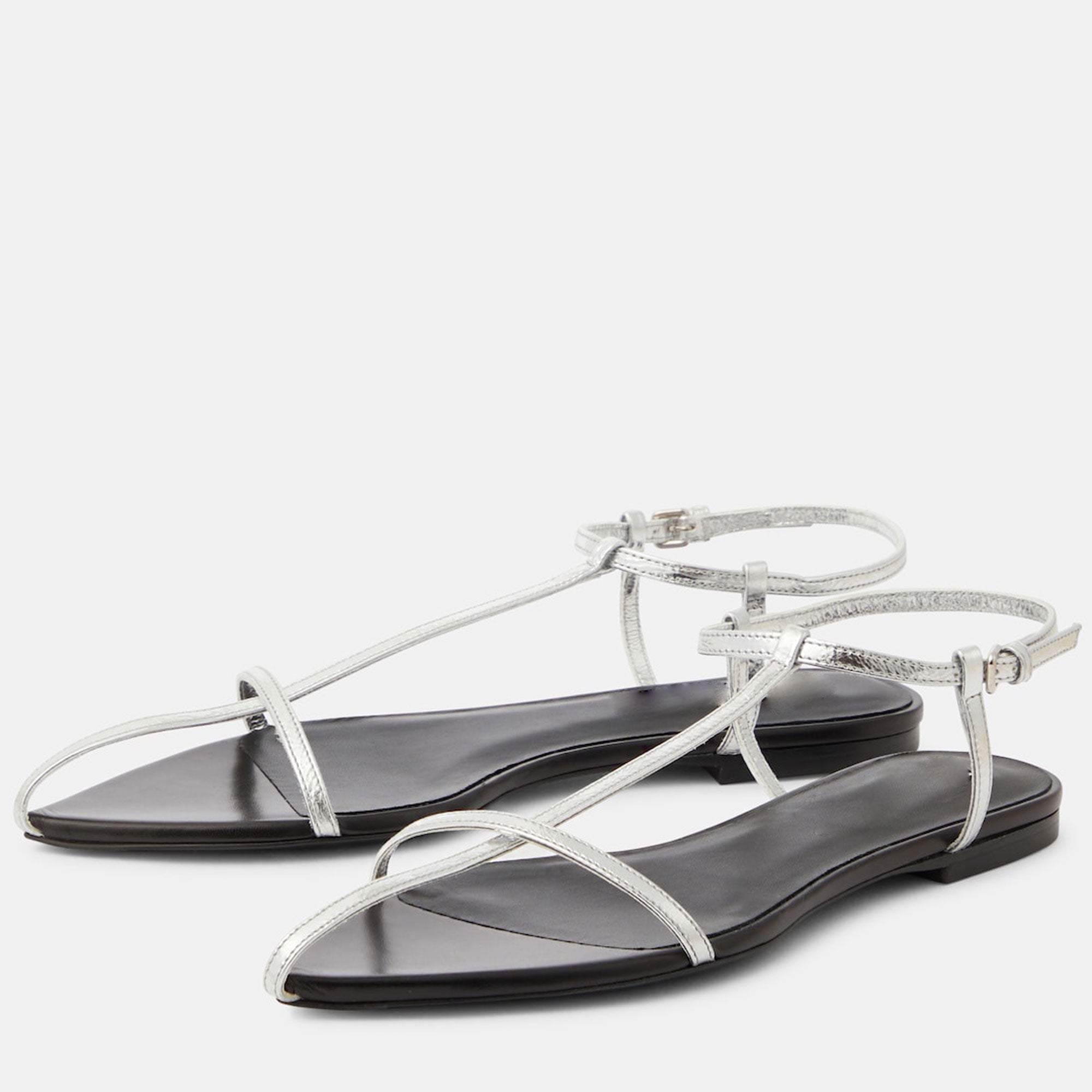 Flat Sandals for Women Adjustable Metallic Buckle Ankle Strap Slide Sandals Pointed Toe Slip on Sandal