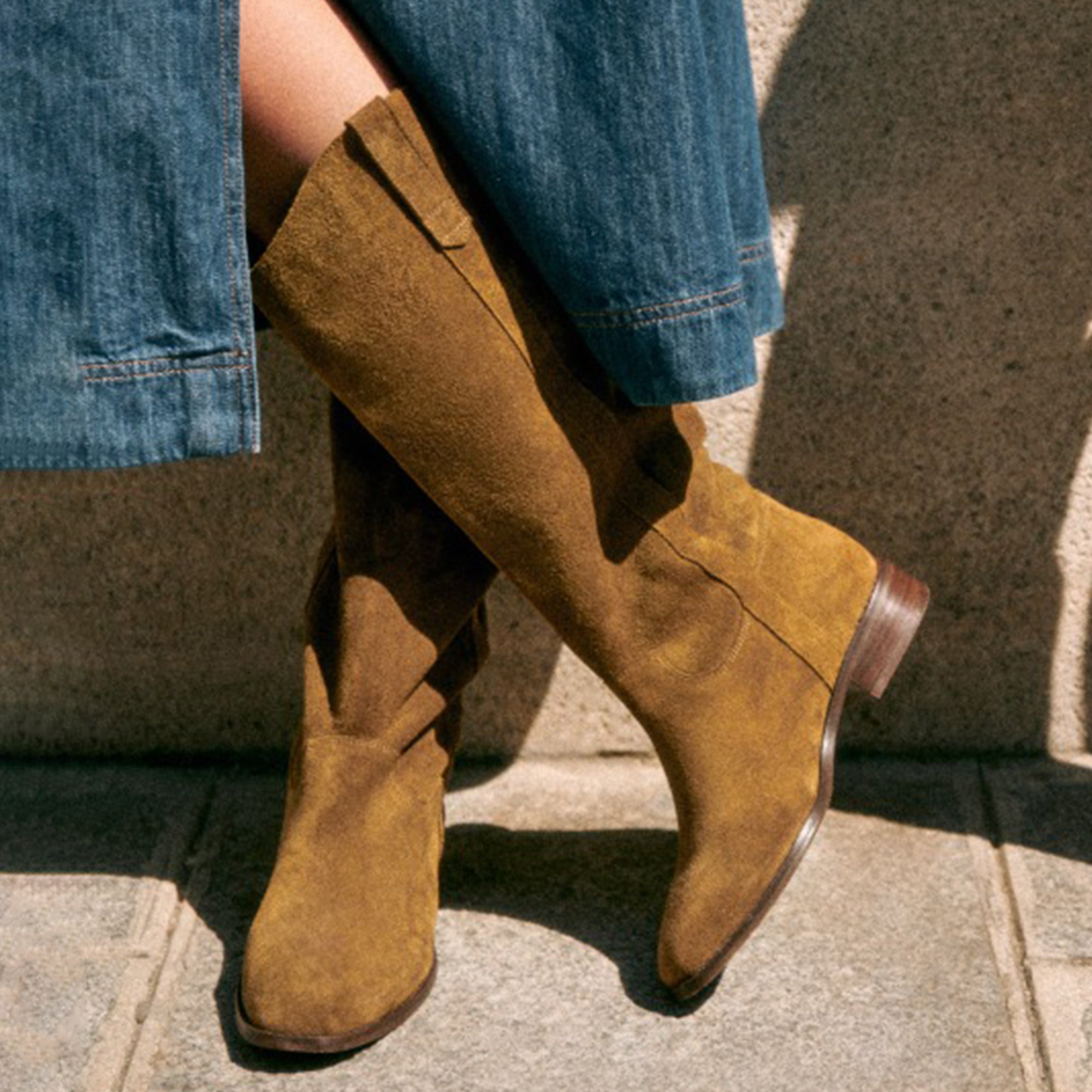 Suede Knee High Boots for Women Wide Calf Square Toe Tall Boots Low Heel Dressy Fall Long Boots