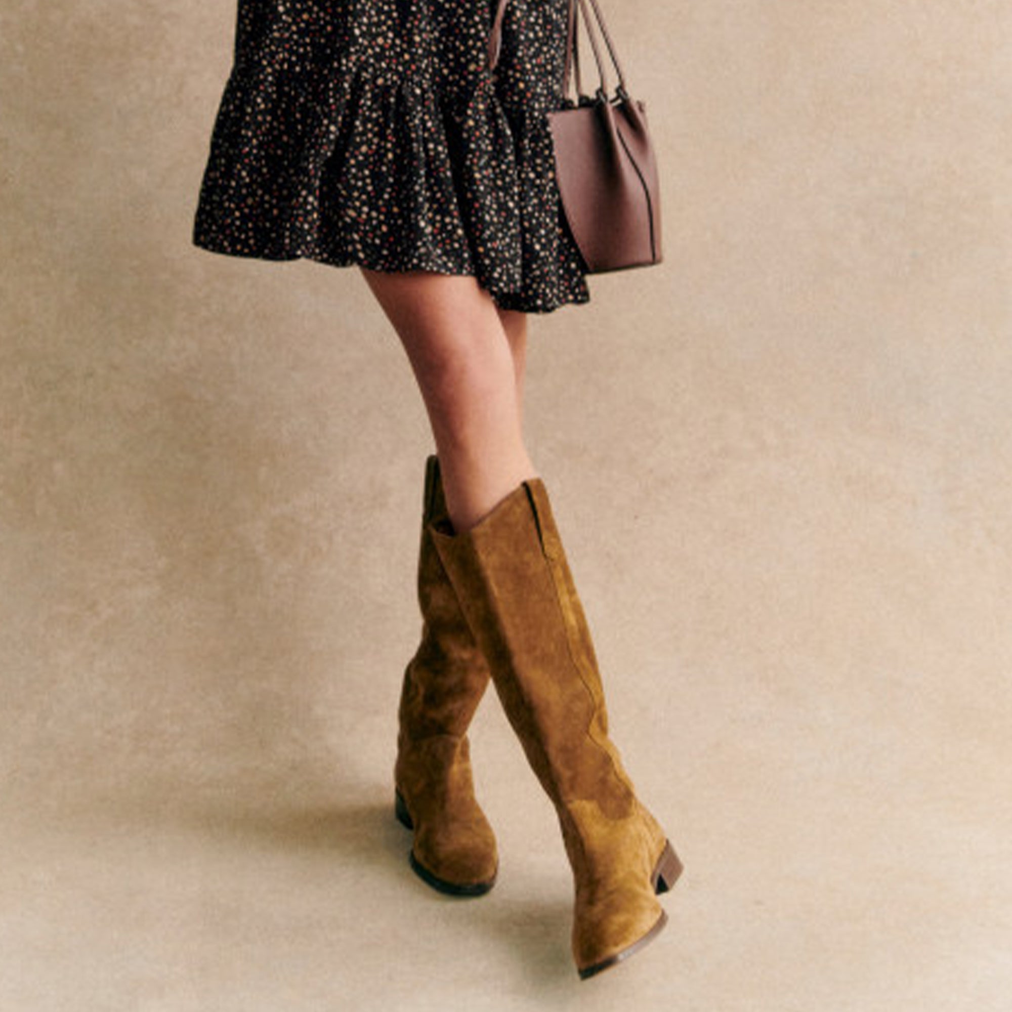 Suede Knee High Boots for Women Wide Calf Square Toe Tall Boots Low Heel Dressy Fall Long Boots