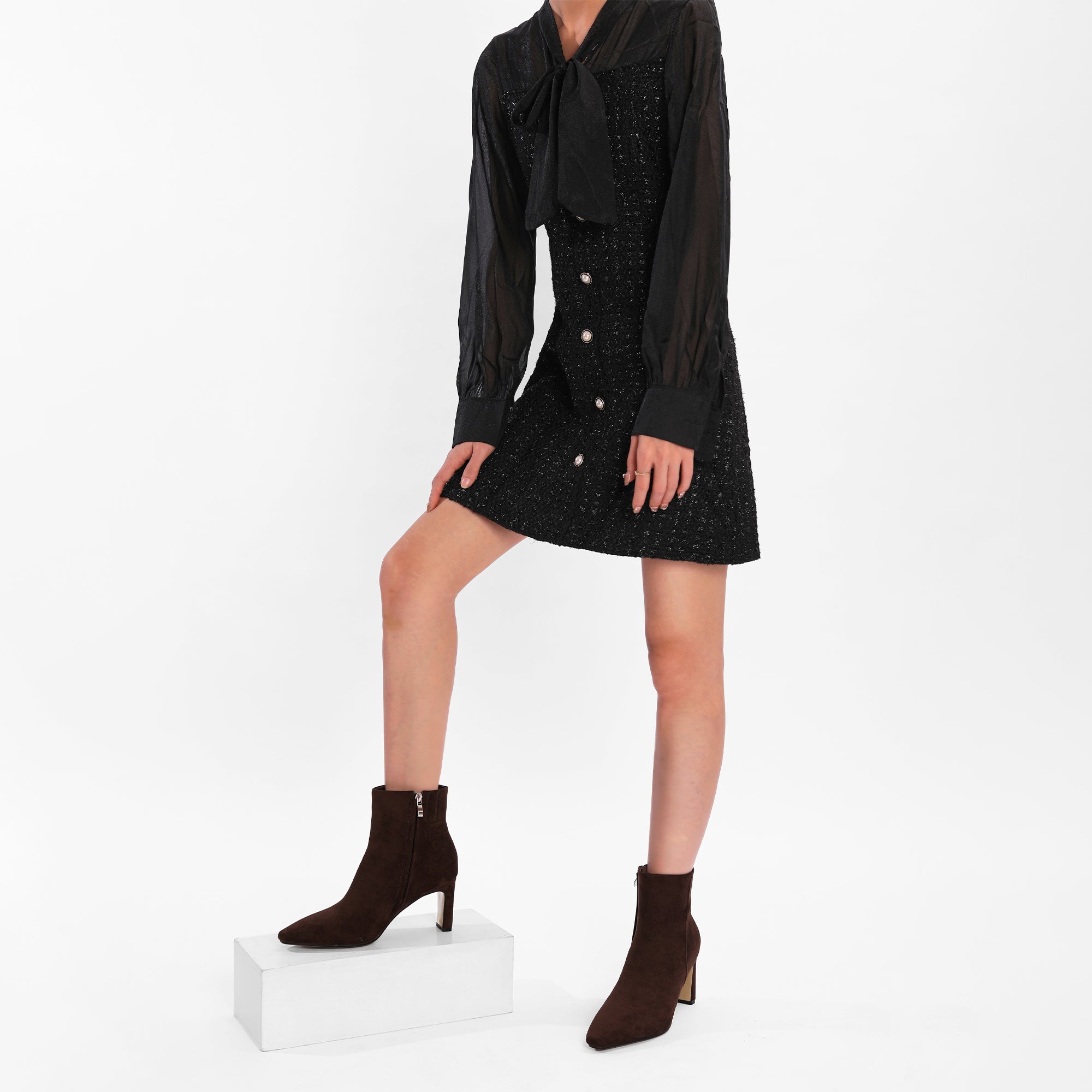 Suede Ankle Boots for Women Pointed Toe Chunky High Heeled Booties Short Boots with Zipper
