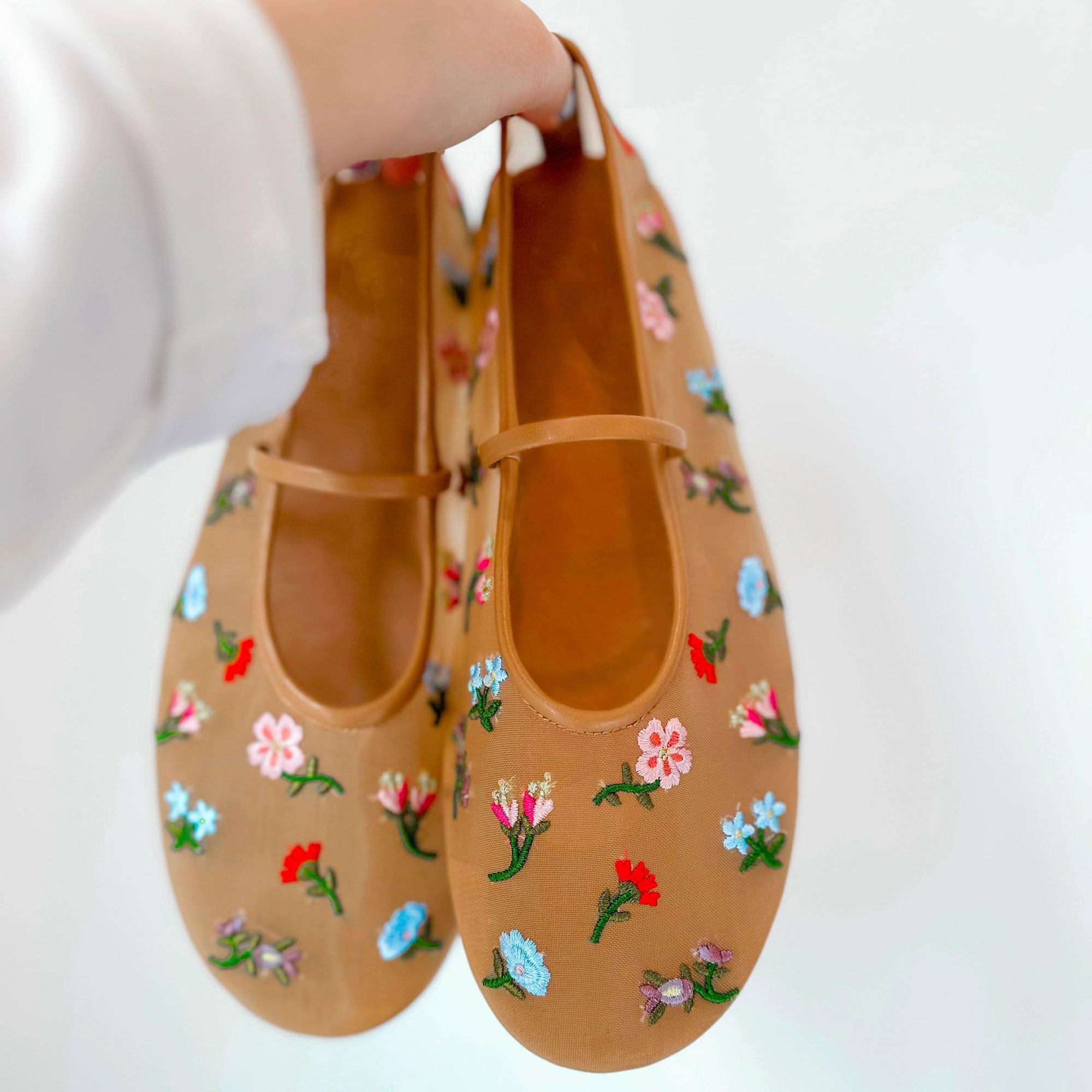 Nude Mesh Ballet Flats for Women Embroidered Floral Round Toe Mary Jane Flats Ballerina Flats