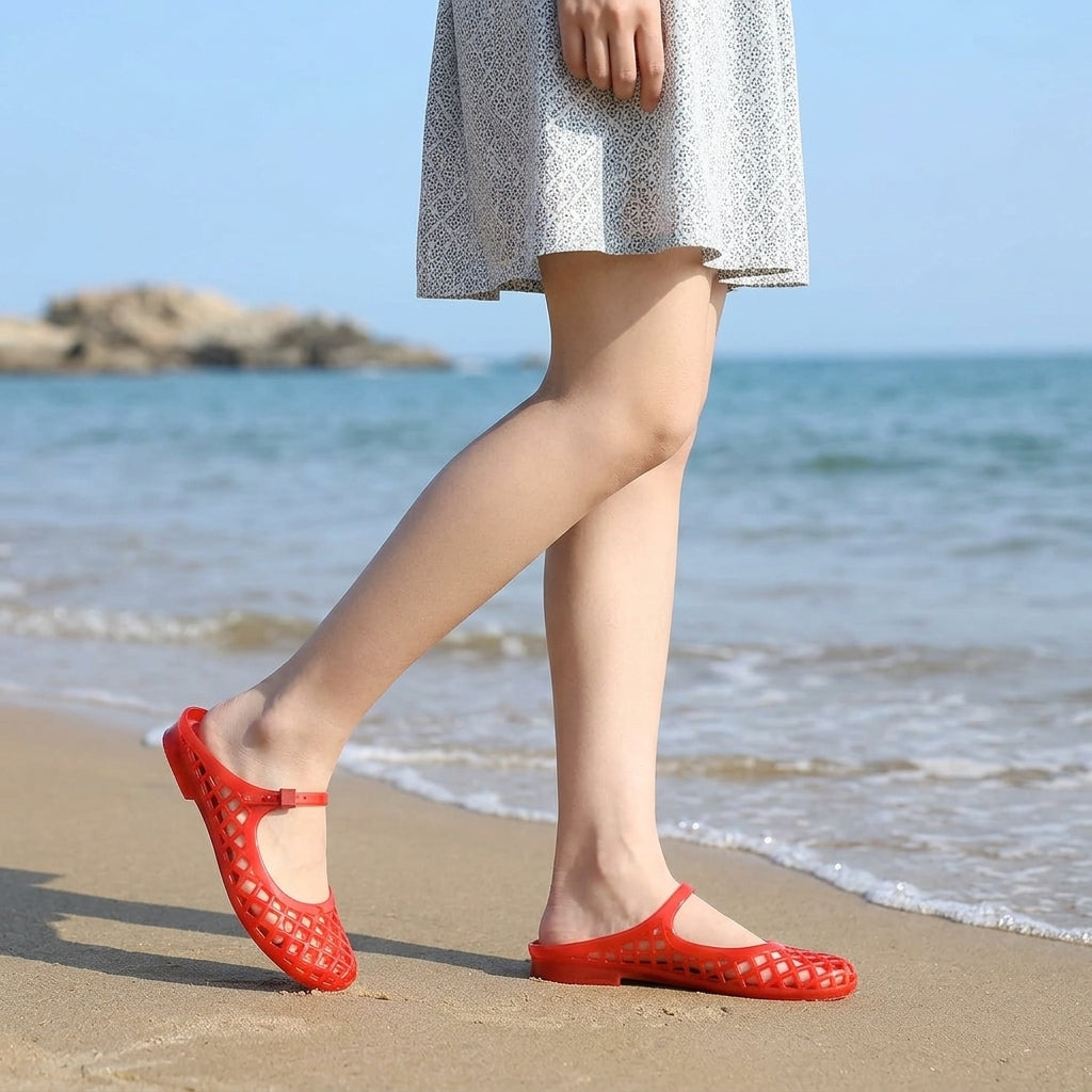 Clear Jelly Slide Sandals for Women Slip On Closed Round Toe Mesh Hollow Flat Mary Jane Mules Beach Jellies Comfortable Buckle Strap Slippers Shoes