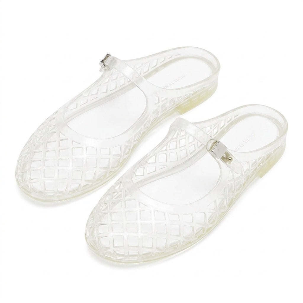 Clear Jelly Slide Sandals for Women Slip On Closed Round Toe Mesh Hollow Flat Mary Jane Mules Beach Jellies Comfortable Buckle Strap Slippers Shoes