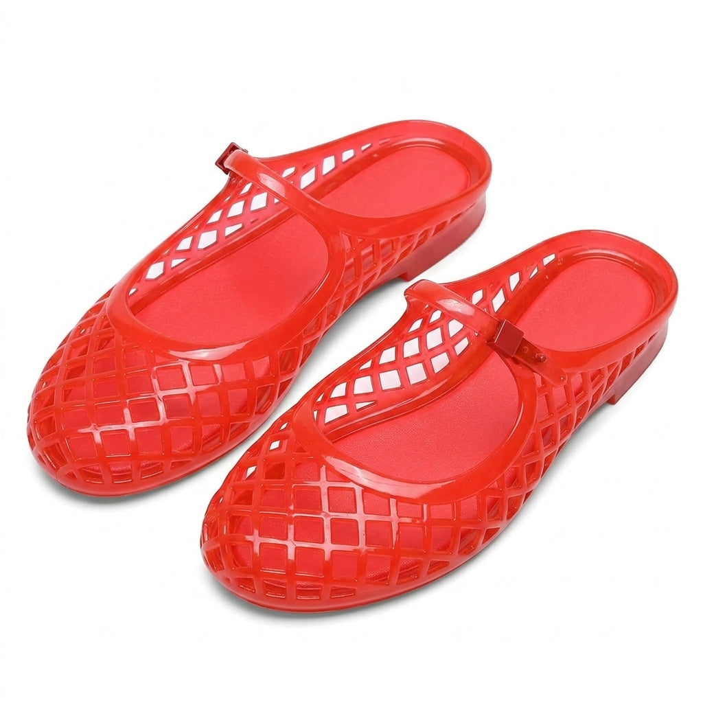 Clear Jelly Slide Sandals for Women Slip On Closed Round Toe Mesh Hollow Flat Mary Jane Mules Beach Jellies Comfortable Buckle Strap Slippers Shoes