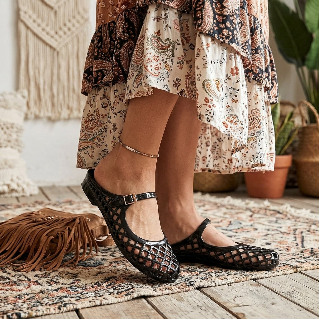 Clear Jelly Slide Sandals for Women Slip On Closed Round Toe Mesh Hollow Flat Mary Jane Mules Beach Jellies Comfortable Buckle Strap Slippers Shoes