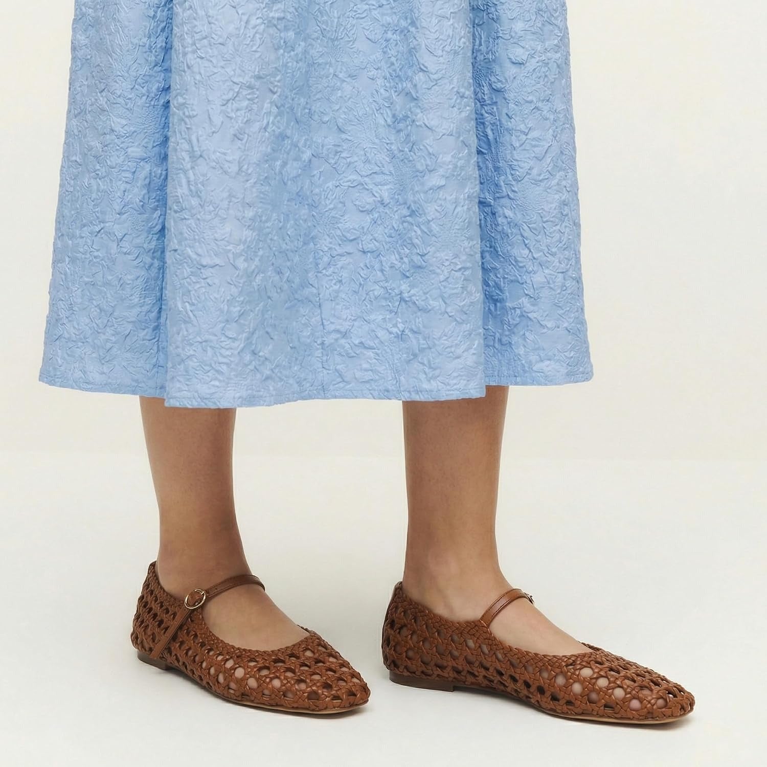 Woven Mesh Ballet Flats with Buckle Strap