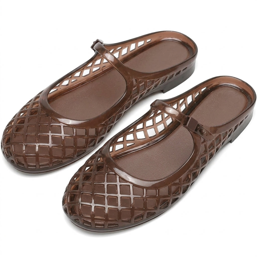 Clear Jelly Slide Sandals for Women Slip On Closed Round Toe Mesh Hollow Flat Mary Jane Mules Beach Jellies Comfortable Buckle Strap Slippers Shoes