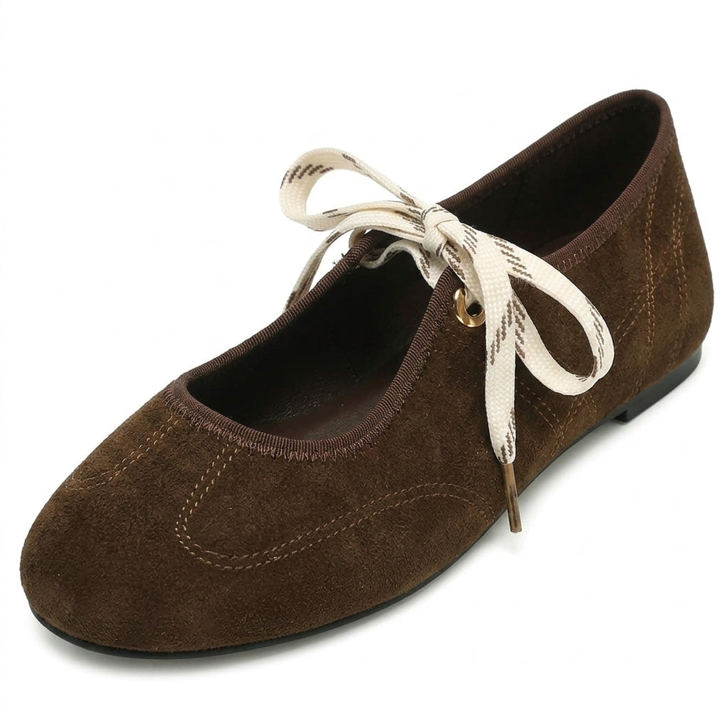 Minimalist Suede Ballet Flats with Contrast Cord Lacing