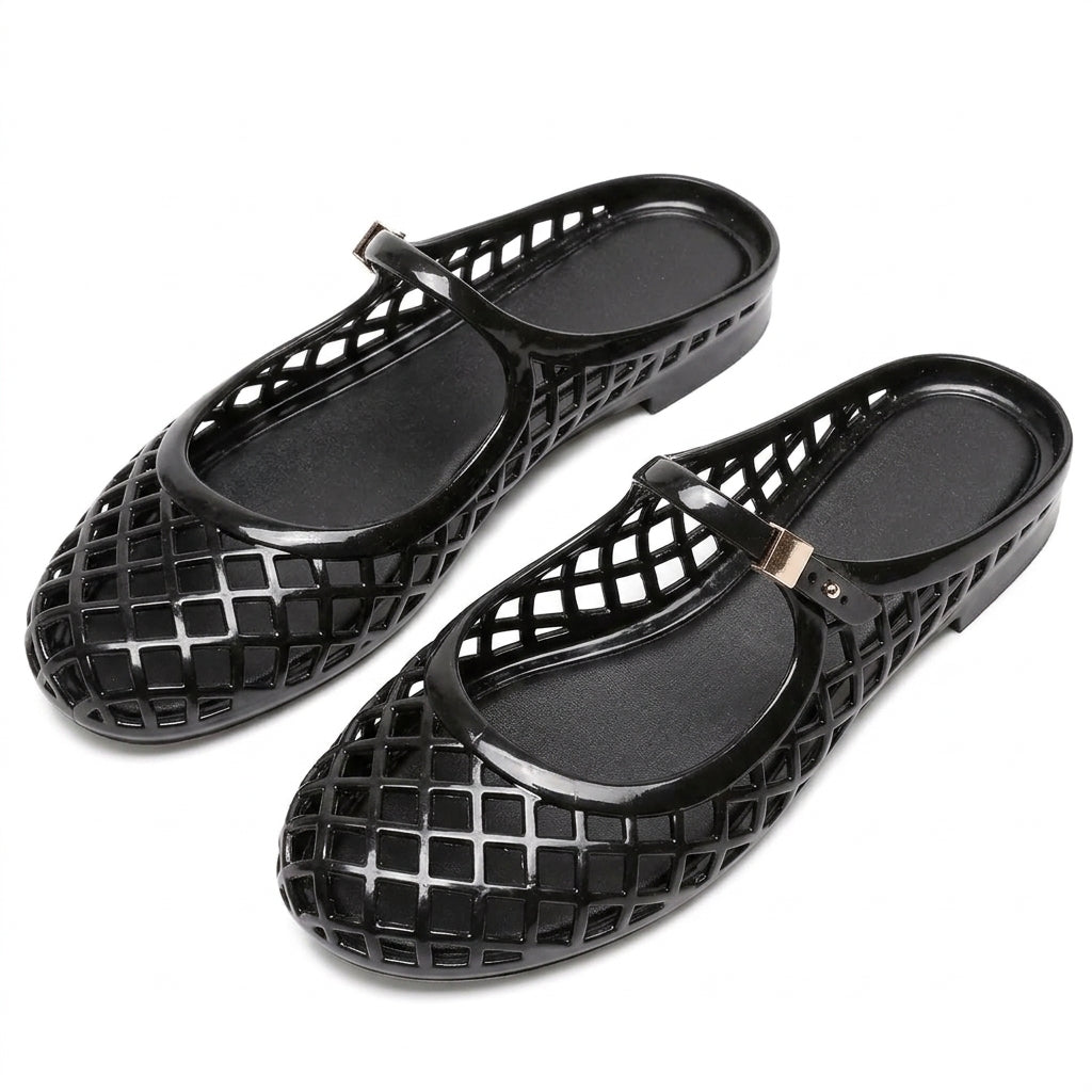 Clear Jelly Slide Sandals for Women Slip On Closed Round Toe Mesh Hollow Flat Mary Jane Mules Beach Jellies Comfortable Buckle Strap Slippers Shoes