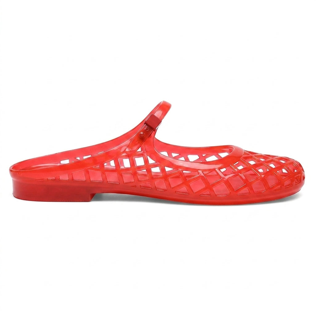 Clear Jelly Slide Sandals for Women Slip On Closed Round Toe Mesh Hollow Flat Mary Jane Mules Beach Jellies Comfortable Buckle Strap Slippers Shoes