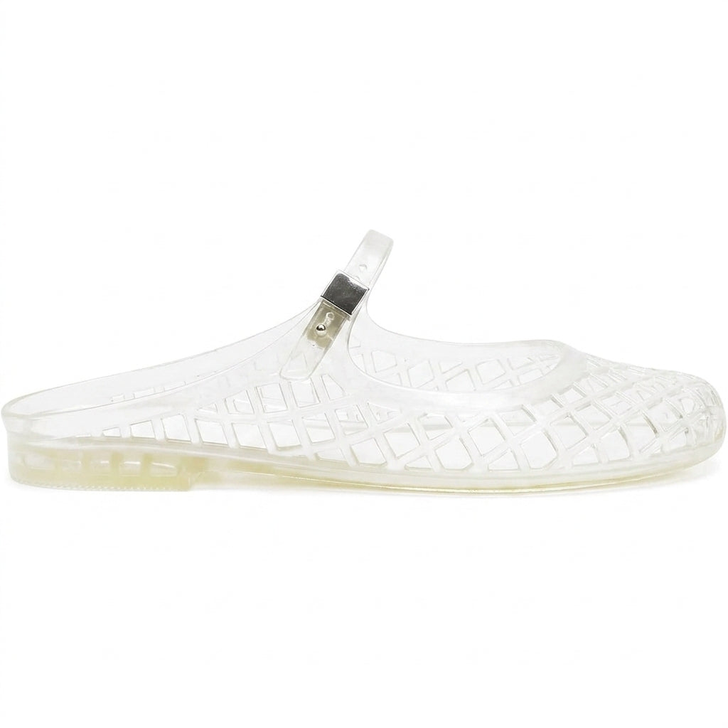 Clear Jelly Slide Sandals for Women Slip On Closed Round Toe Mesh Hollow Flat Mary Jane Mules Beach Jellies Comfortable Buckle Strap Slippers Shoes
