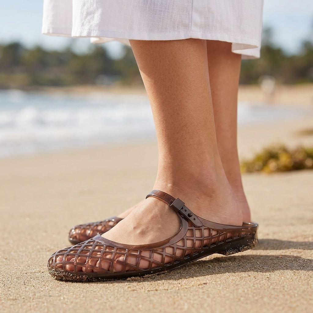 Clear Jelly Slide Sandals for Women Slip On Closed Round Toe Mesh Hollow Flat Mary Jane Mules Beach Jellies Comfortable Buckle Strap Slippers Shoes