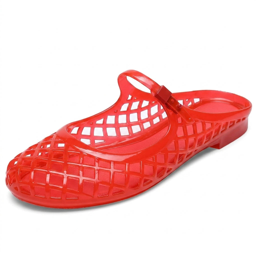 Clear Jelly Slide Sandals for Women Slip On Closed Round Toe Mesh Hollow Flat Mary Jane Mules Beach Jellies Comfortable Buckle Strap Slippers Shoes
