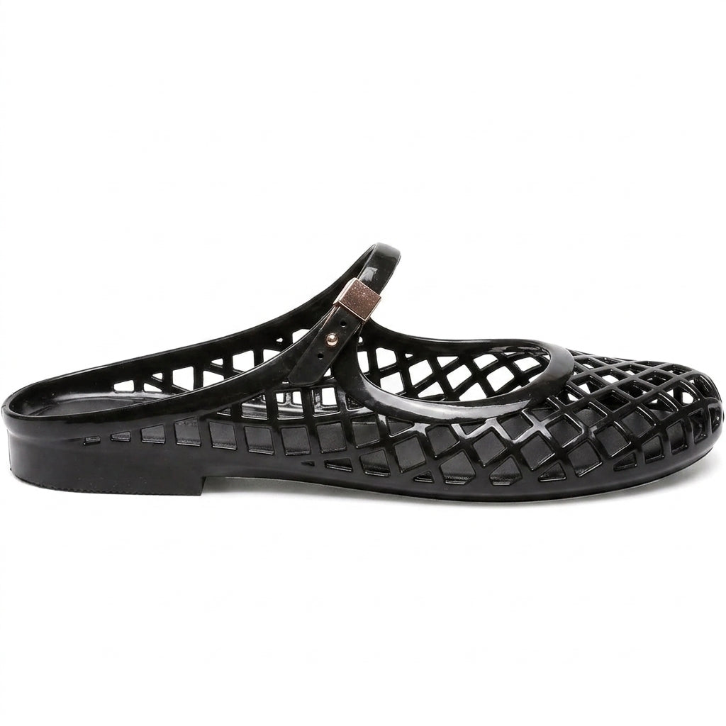 Clear Jelly Slide Sandals for Women Slip On Closed Round Toe Mesh Hollow Flat Mary Jane Mules Beach Jellies Comfortable Buckle Strap Slippers Shoes