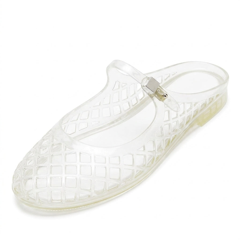 Clear Jelly Slide Sandals for Women Slip On Closed Round Toe Mesh Hollow Flat Mary Jane Mules Beach Jellies Comfortable Buckle Strap Slippers Shoes