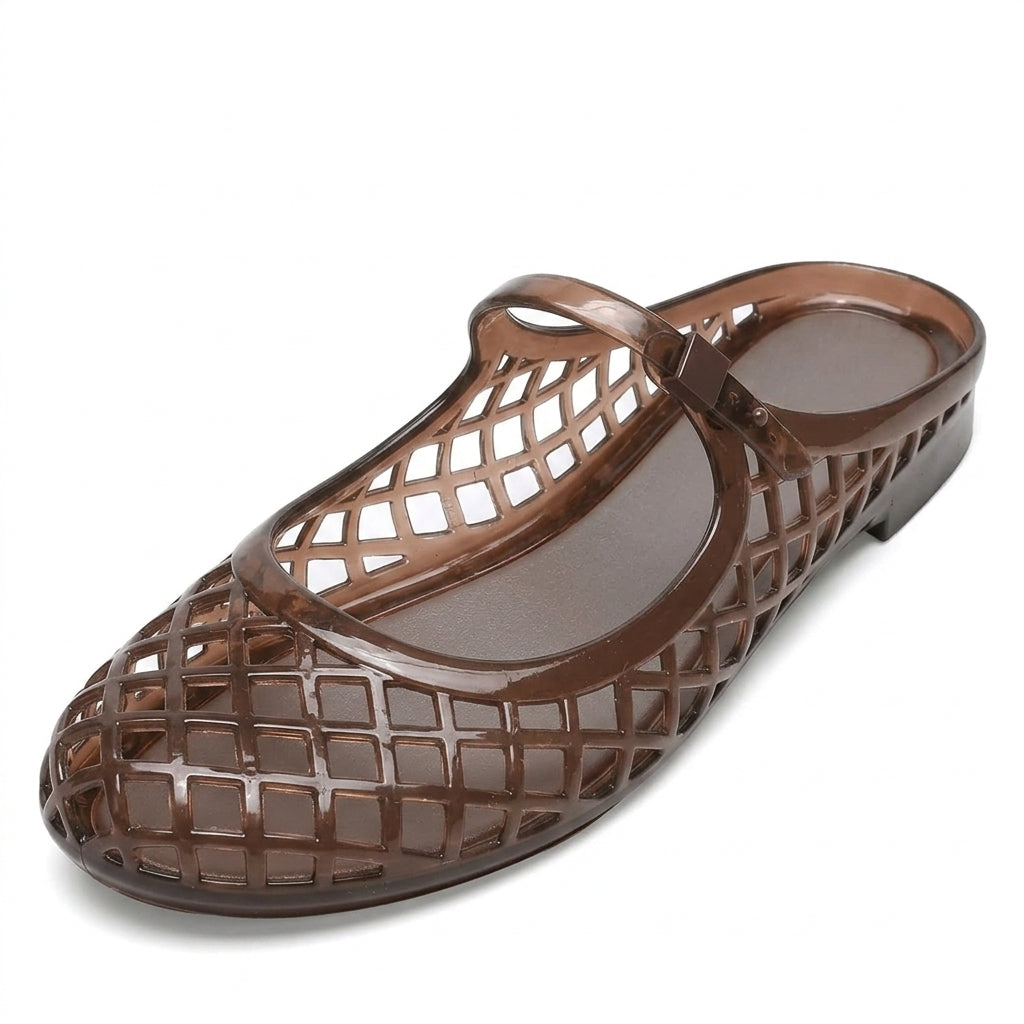 Clear Jelly Slide Sandals for Women Slip On Closed Round Toe Mesh Hollow Flat Mary Jane Mules Beach Jellies Comfortable Buckle Strap Slippers Shoes